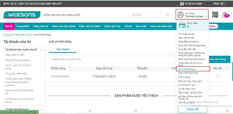 Lịch sử đặt hàng Watsons