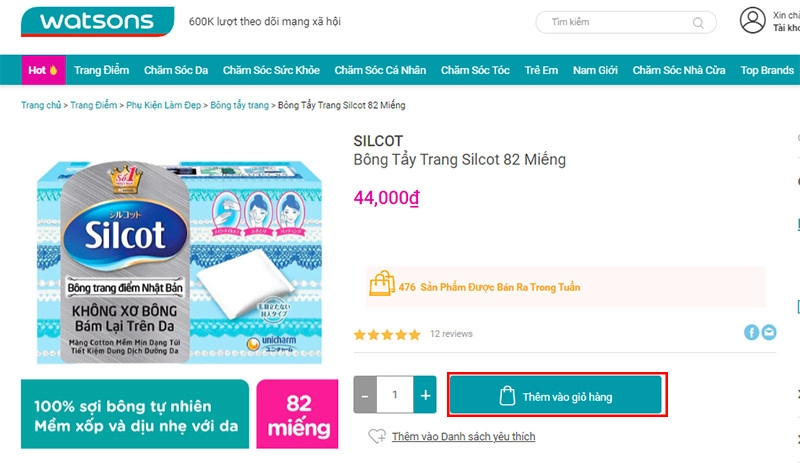 Đặt hàng trên Watsons và thêm vào giỏ hàng